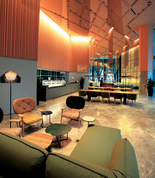 The main lobby on the ground floor with The Marmalade Pantry
