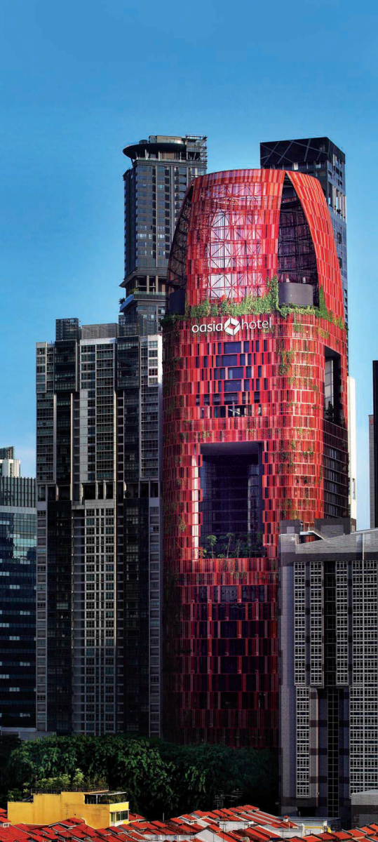 The distinctive red, 27-storey Oasia Hotel Downtown designed by WOHA was completed last December