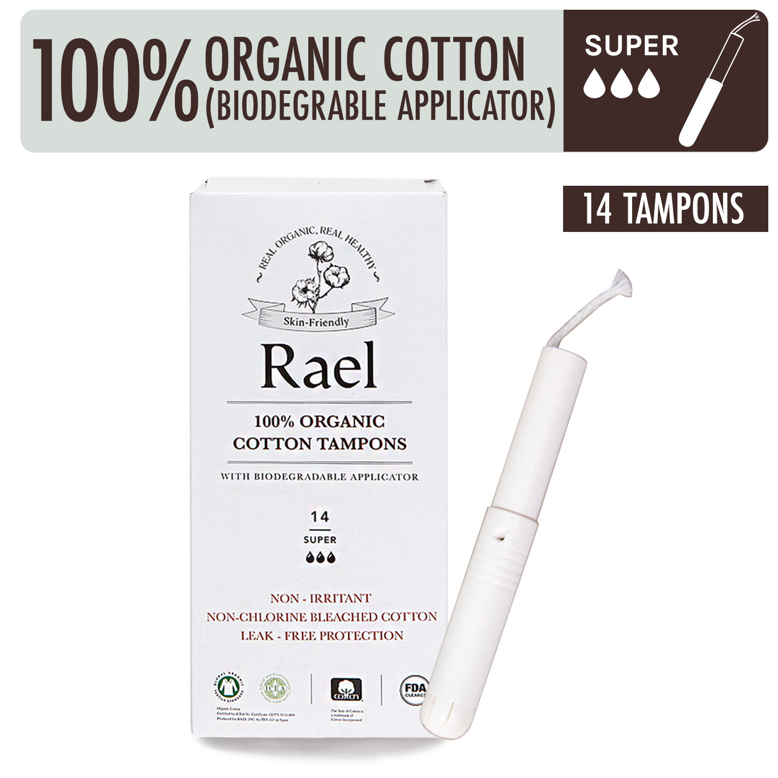 Rael Organic Cotton Tampons with Applicator - Super