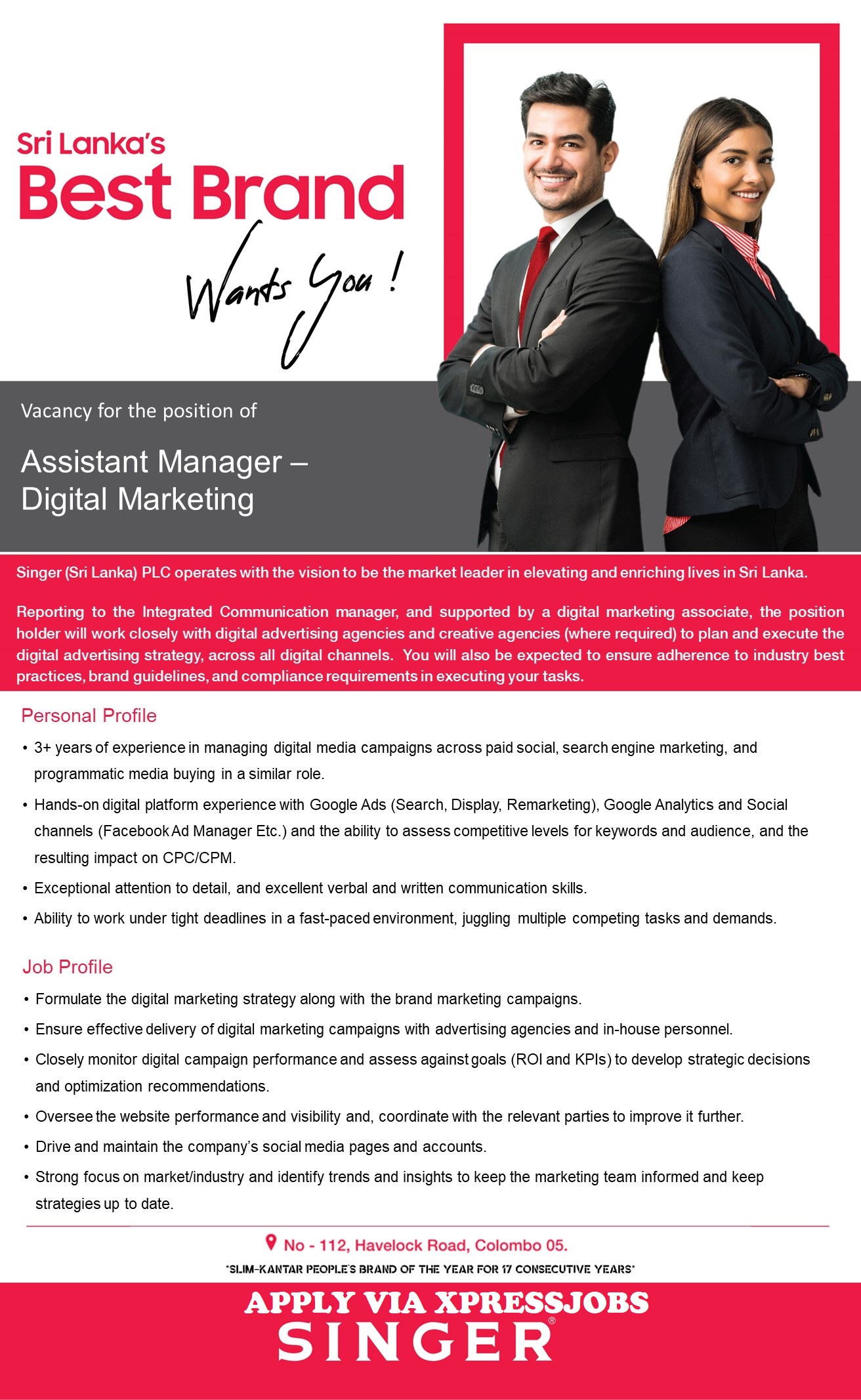 Assistant manager digital marketing singer sri lanka plc xpressjobs