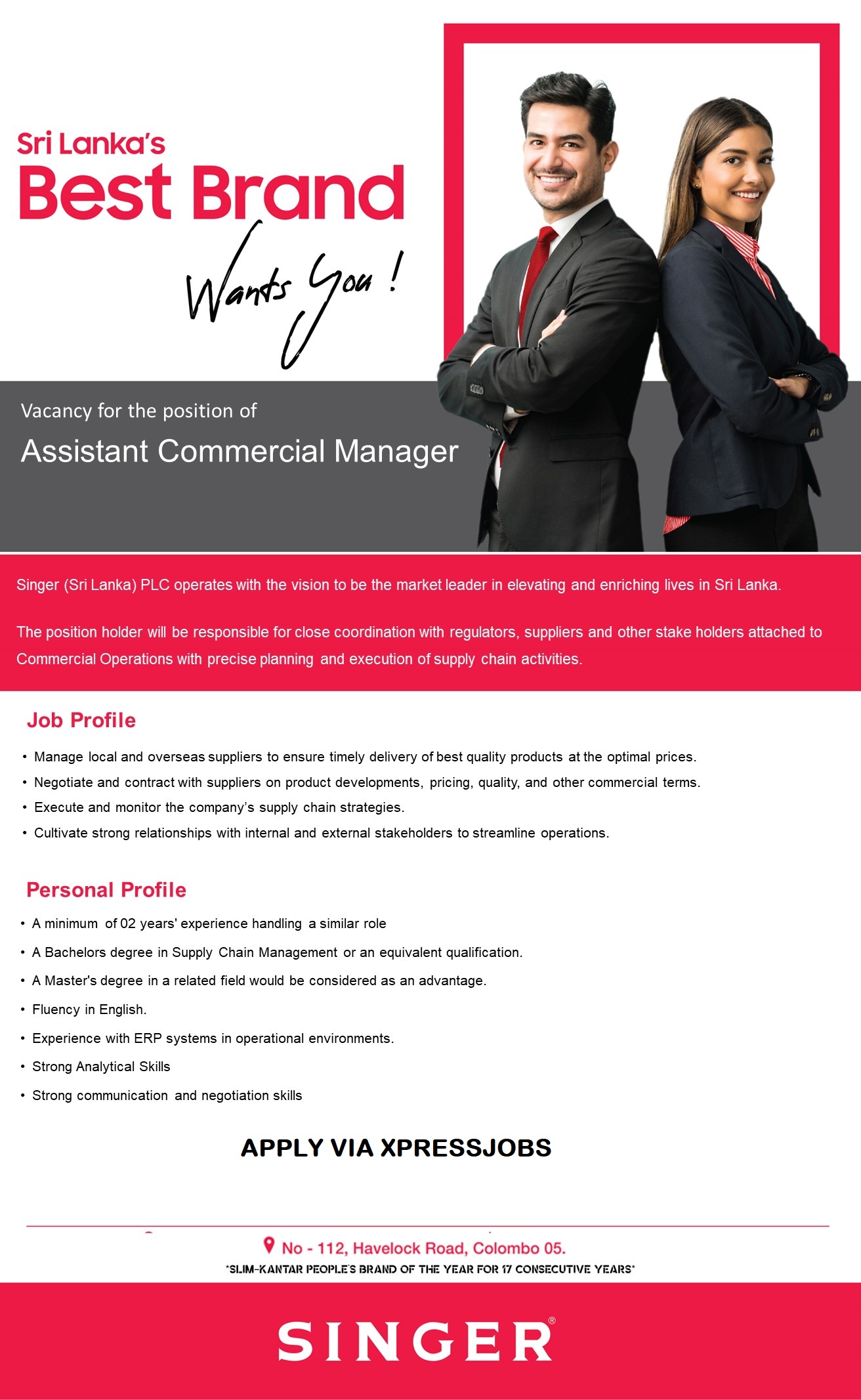 Assistant Commercial Manager - SINGER (Sri Lanka) PLC | XpressJobs