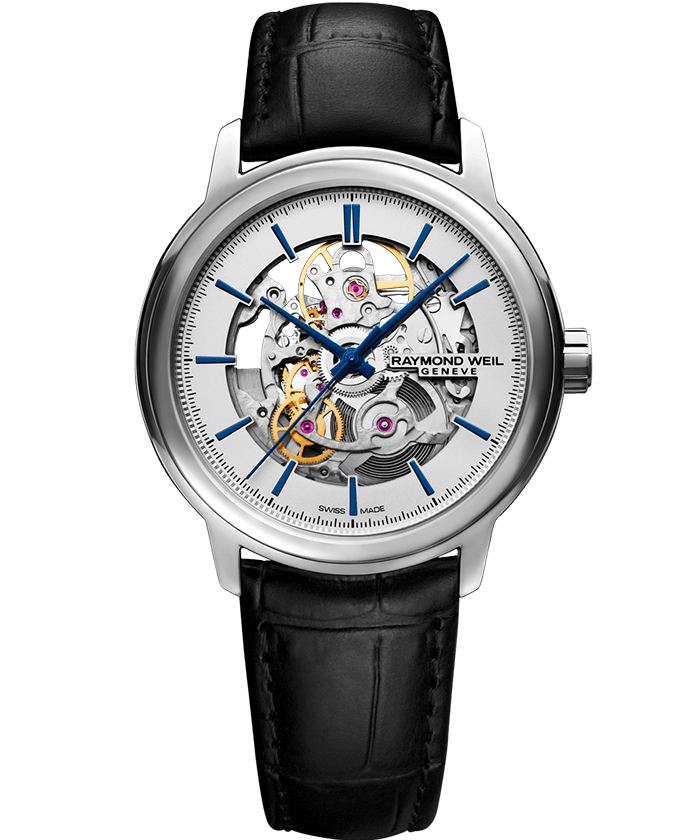 Raymond Weil Mens Maestro Skeleton Black Leather Strap 2215-STC-65001