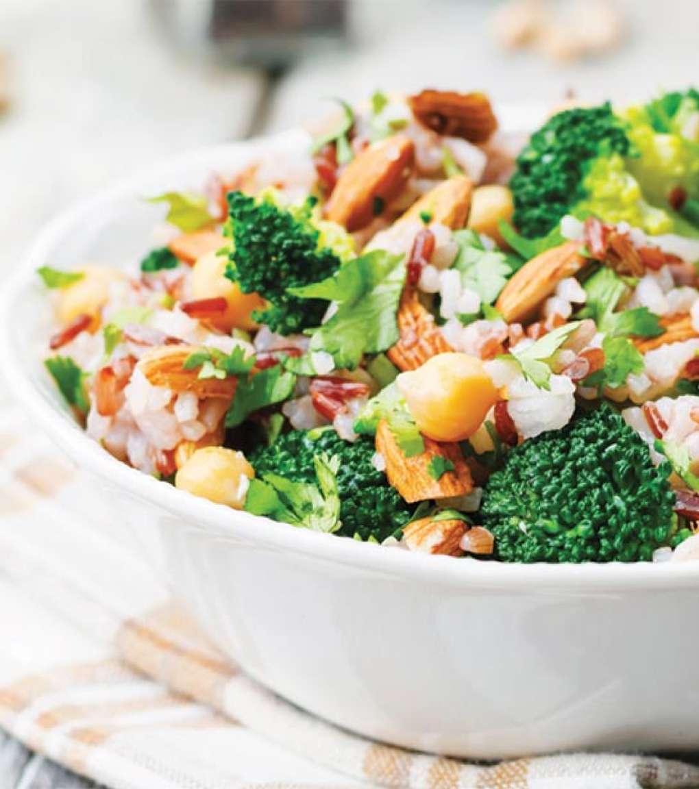 Roasted Broccoli Brown Rice Salad with Almonds & Chickpeas YoRipe