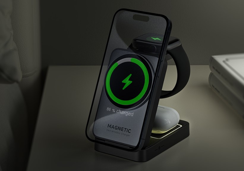 Rocoren Mag Pro Magnetic Folding Vertical 3-in-1 wireless charger malaysia lit up