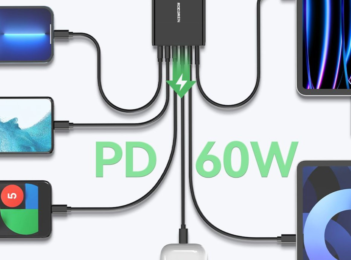 Rocoren Desktop 60W Charger Station (3C+3A) Malaysia PD 60W