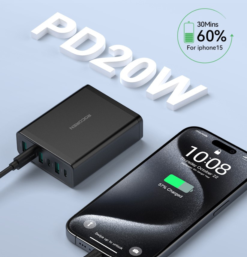 Rocoren Desktop 60W Charger Station (3C+3A) Malaysia Iphone fast charging pd