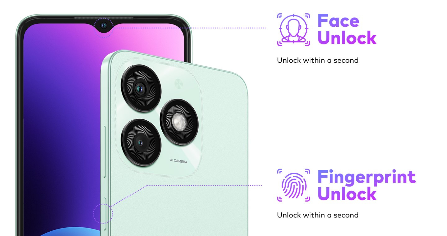 Itel A50 4G malaysia unlock with face unlock and side fingerprint