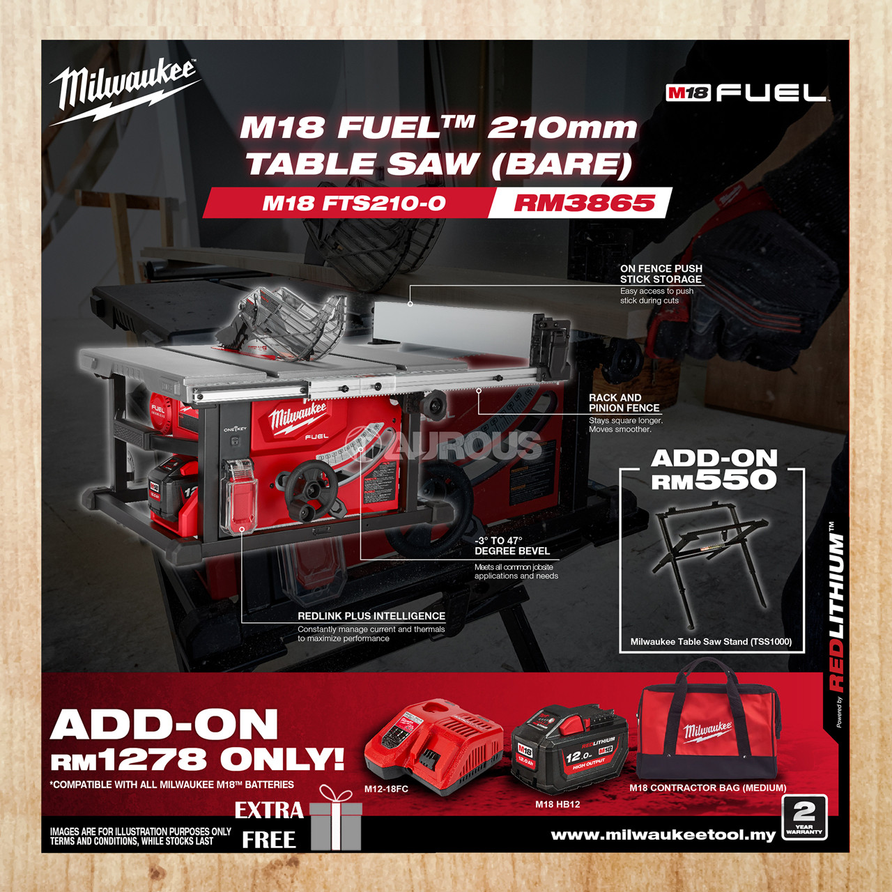 MILWAUKEE M18 FUEL 210MM TABLE SAW & TABLE SAW STAND M18 FTS2100 (BARE TOOL) Aurous Hardware