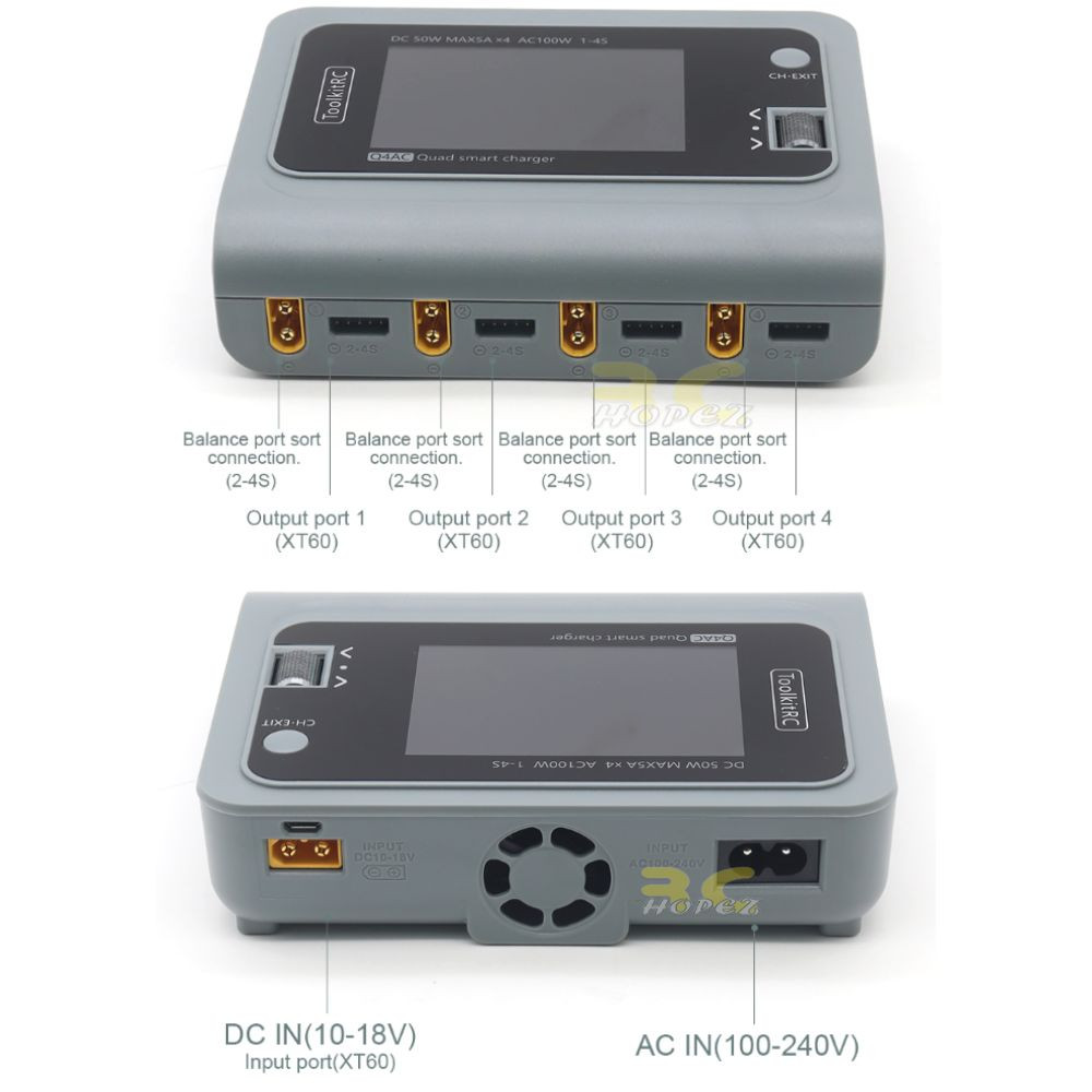 ToolkitRC Q4AC 4x50W 5A AC 100W 4 Ports DC Smart Charger Discharger