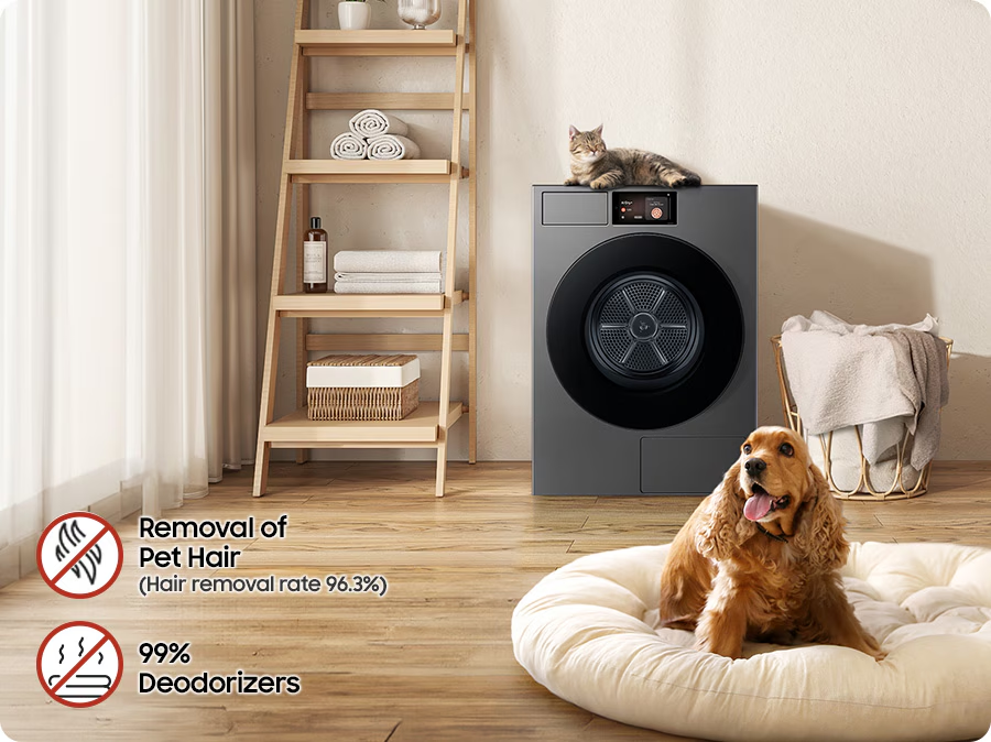 There are dogs and cats in the space where the dryer is installed. Removal of Pet Hair (Hair removal rate 96.3%) and 99% Deodorizers.