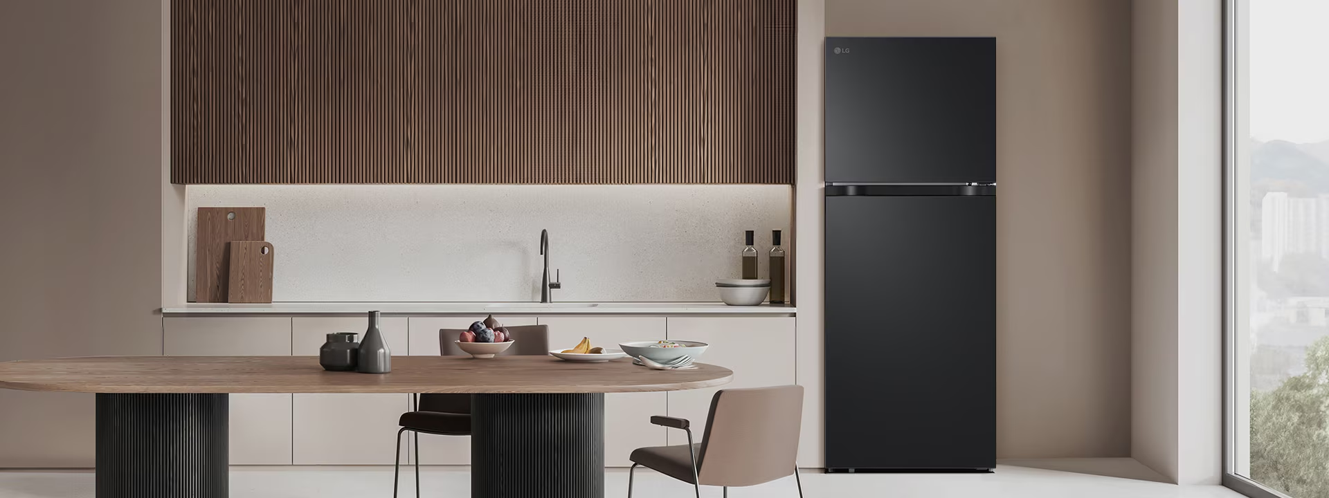 LG top freezer refrigerator is in modern kitchen, showcasing overall design of the refrigerator.