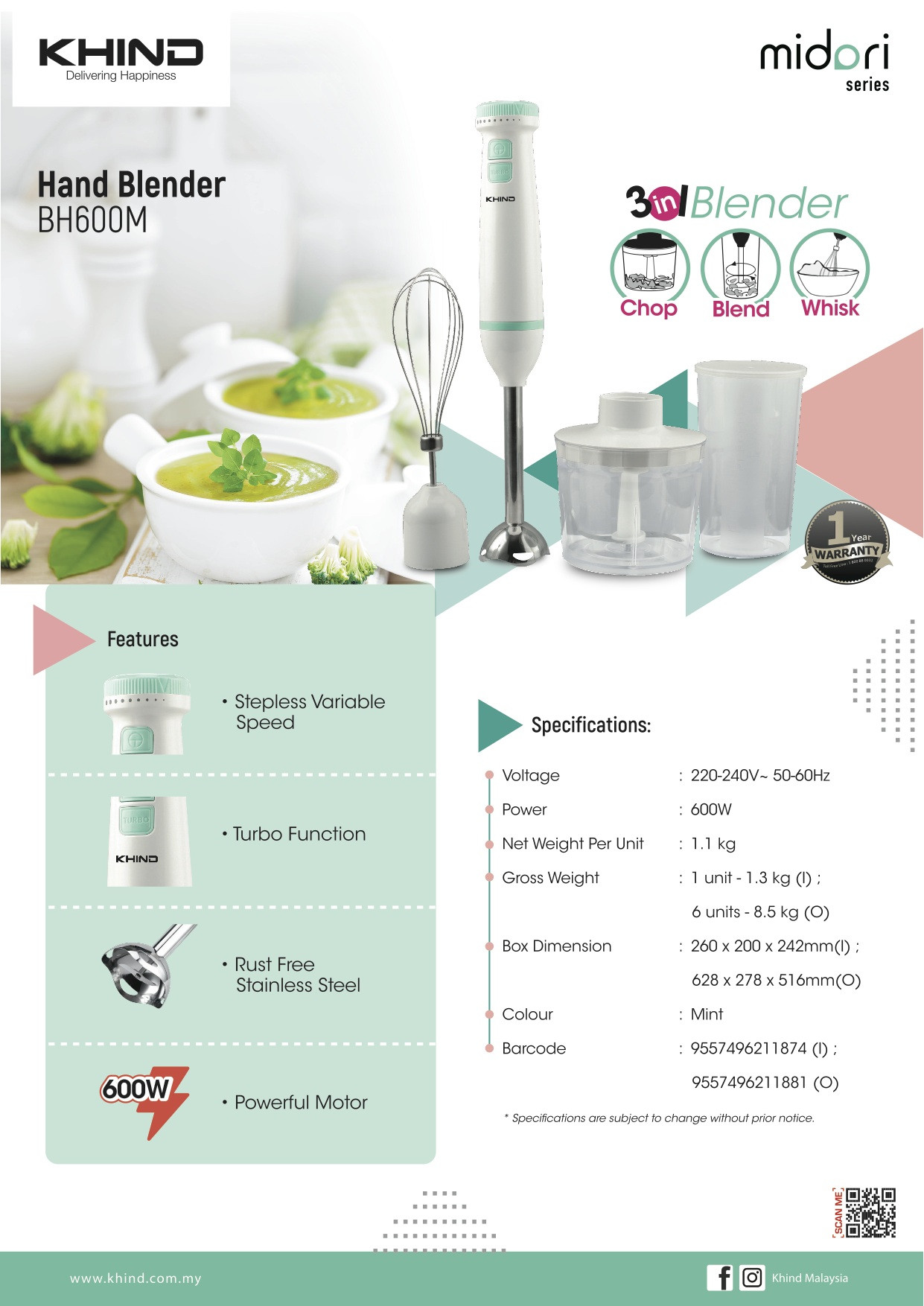 KHIND Midori Hand Blender BH600M 1NOWmy Digimate The 1 Electrical